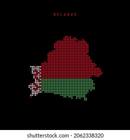 Square dots pattern map of Belarus. Dotted pixel map with national flag colors isolated on black background. Vector illustration.