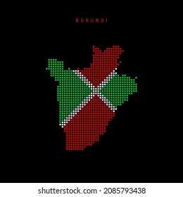 Square dots pattern map of Burundi. Burundian dotted pixel map with national flag colors isolated on black background. Vector illustration.