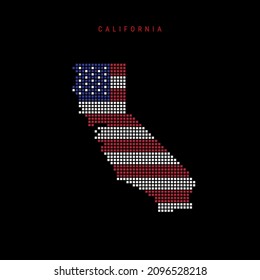 Square dots pattern map of California. Dotted pixel map with american national flag colors isolated on black background. Vector illustration.