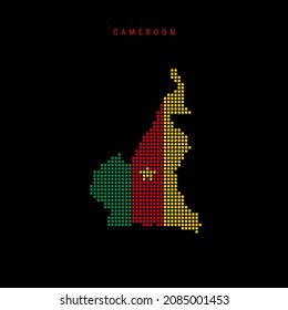 Square dots pattern map of Cameroon. Cameroonian dotted pixel map with national flag colors isolated on black background. Vector illustration.
