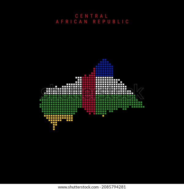 Square dots pattern map of Central African\
Republic. CAR dotted pixel map with national flag colors isolated\
on black background. Vector\
illustration.