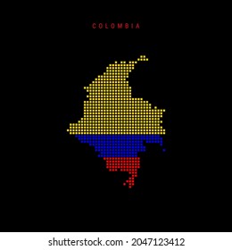 Square dots pattern map of Colombia. Dotted pixel map with national flag colors isolated on black background. Vector illustration.