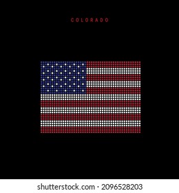 Square dots pattern map of Colorado. Dotted pixel map with american national flag colors isolated on black background. Vector illustration.