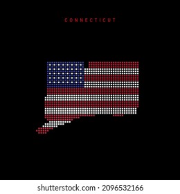 Square dots pattern map of Connecticut. Dotted pixel map with american national flag colors isolated on black background. Vector illustration.