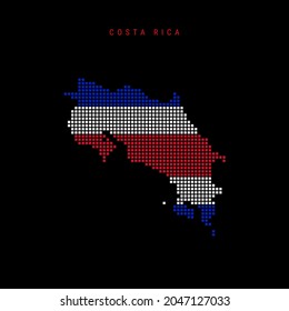 Square dots pattern map of Costa Rica. Dotted pixel map with national flag colors isolated on black background. Vector illustration.