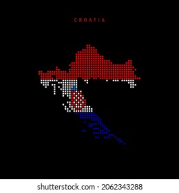 Square dots pattern map of Croatia. Dotted pixel map with national flag colors isolated on black background. Vector illustration.