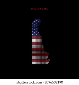 Square dots pattern map of Delaware. Dotted pixel map with american national flag colors isolated on black background. Vector illustration.
