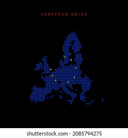 Square dots pattern map of European Union. EU dotted pixel map with national flag colors isolated on black background. Vector illustration.