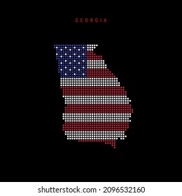Square dots pattern map of Georgia. Dotted pixel map with american national flag colors isolated on black background. Vector illustration.