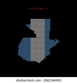Square dots pattern map of Guatemala. Dotted pixel map with national flag colors isolated on black background. Vector illustration.