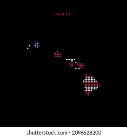Square dots pattern map of Hawaii. Dotted pixel map with american national flag colors isolated on black background. Vector illustration.