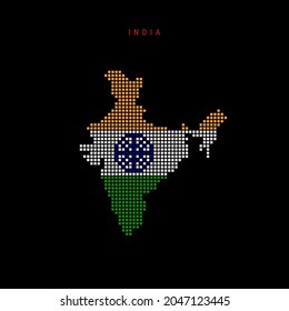 Square dots pattern map of India. Dotted pixel map with national flag colors isolated on black background. Vector illustration.