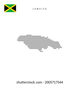 Square dots pattern map of Jamaica. Jamaican dotted pixel map with national flag isolated on white background. Vector illustration.
