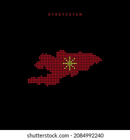 Square dots pattern map of Kyrgyzstan. Kyrgyz dotted pixel map with national flag colors isolated on black background. Vector illustration.