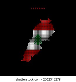 Square dots pattern map of Lebanon. Dotted pixel map with national flag colors isolated on black background. Vector illustration.