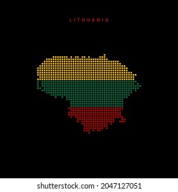Square dots pattern map of Lithuania. Dotted pixel map with national flag colors isolated on black background. Vector illustration.