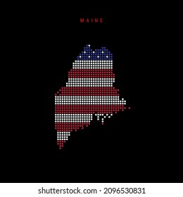 Square dots pattern map of Maine. Dotted pixel map with american national flag colors isolated on black background. Vector illustration.