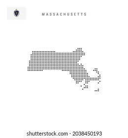 Square dots pattern map of Massachusetts. Dotted pixel map with flag isolated on white background. Vector illustration.