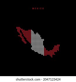Square dots pattern map of Mexico. Dotted pixel map with national flag colors isolated on black background. Vector illustration.