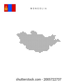 Square dots pattern map of Mongolia. Mongolian dotted pixel map with national flag isolated on white background. Vector illustration.