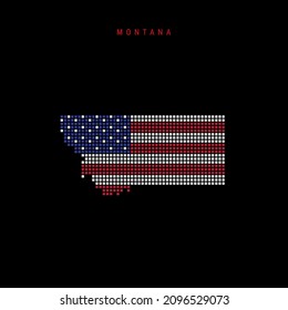 Square dots pattern map of Montana. Dotted pixel map with american national flag colors isolated on black background. Vector illustration.
