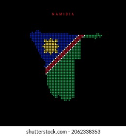 Square dots pattern map of Namibia. Dotted pixel map with national flag colors isolated on black background. Vector illustration.