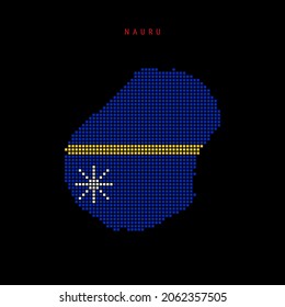 Square dots pattern map of Nauru. Dotted pixel map with national flag colors isolated on black background. Vector illustration.