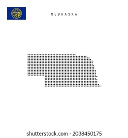 Square dots pattern map of Nebraska. Dotted pixel map with flag isolated on white background. Vector illustration.