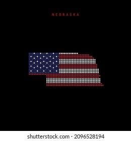 Square dots pattern map of Nebraska. Dotted pixel map with american national flag colors isolated on black background. Vector illustration.