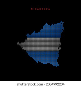 Square dots pattern map of Nicaragua. Nicaraguan dotted pixel map with national flag colors isolated on black background. Vector illustration.