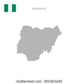 Square dots pattern map of Nigeria. Nigerian dotted pixel map with national flag isolated on white background. Vector illustration.
