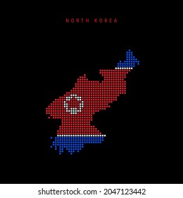 Square dots pattern map of North Korea. Dotted pixel map with national flag colors isolated on black background. Vector illustration.