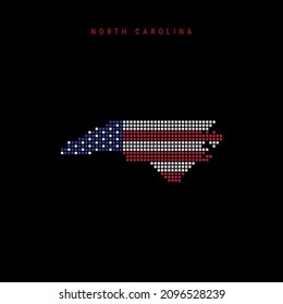 Square dots pattern map of North Carolina. Dotted pixel map with american national flag colors isolated on black background. Vector illustration.