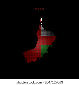 Square dots pattern map of Oman. Dotted pixel map with national flag colors isolated on black background. Vector illustration.