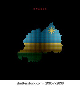 Square dots pattern map of Rwanda. Rwandan dotted pixel map with national flag colors isolated on black background. Vector illustration.