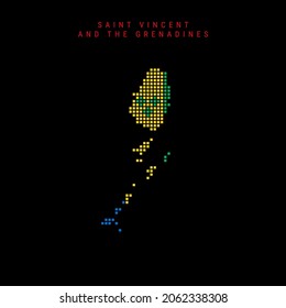 Square dots pattern map of Saint Vincent and the Grenadines. Dotted pixel map with national flag colors isolated on black background. Vector illustration.