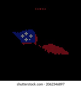 Square dots pattern map of Samoa. Dotted pixel map with national flag colors isolated on black background. Vector illustration.