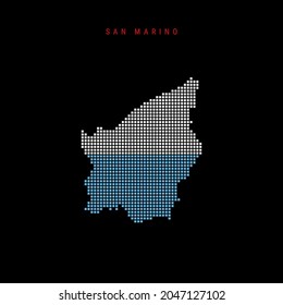 Square dots pattern map of San Marino. Dotted pixel map with national flag colors isolated on black background. Vector illustration.