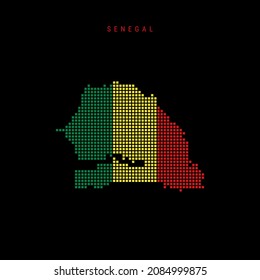 Square dots pattern map of Senegal. Senegalese dotted pixel map with national flag colors isolated on black background. Vector illustration.