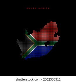 Square dots pattern map of South Africa. Dotted pixel map with national flag colors isolated on black background. Vector illustration.