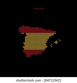 Square dots pattern map of Spain. Dotted pixel map with national flag colors isolated on black background. Vector illustration.