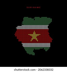 Square dots pattern map of Suriname. Dotted pixel map with national flag colors isolated on black background. Vector illustration.