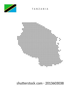 Square dots pattern map of Tanzania. Tanzanian dotted pixel map with national flag isolated on white background. Vector illustration.
