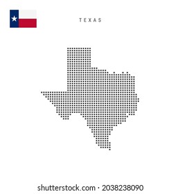 Square dots pattern map of Texas. Dotted pixel map with flag isolated on white background. Vector illustration.