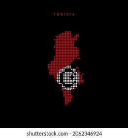 Viereckpunkt-Musterkarte von Tunesien. Punktierte Pixelkarte mit nationalen Flaggenfarben einzeln auf schwarzem Hintergrund. Vektorgrafik.