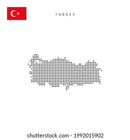 Square dots pattern map of Turkey. Turkish dotted pixel map with national flag isolated on white background. Vector illustration.