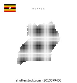 Square dots pattern map of Uganda. Ugandan dotted pixel map with national flag isolated on white background. Vector illustration.