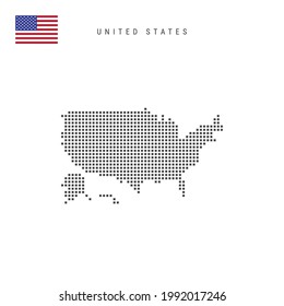 Square dots pattern map of United States. American dotted pixel map with national flag isolated on white background. Vector illustration.