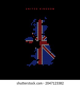 Square dots pattern map of United Kingdom. Dotted pixel map with national flag colors isolated on black background. Vector illustration.