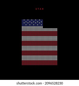 Square dots pattern map of Utah. Dotted pixel map with american national flag colors isolated on black background. Vector illustration.